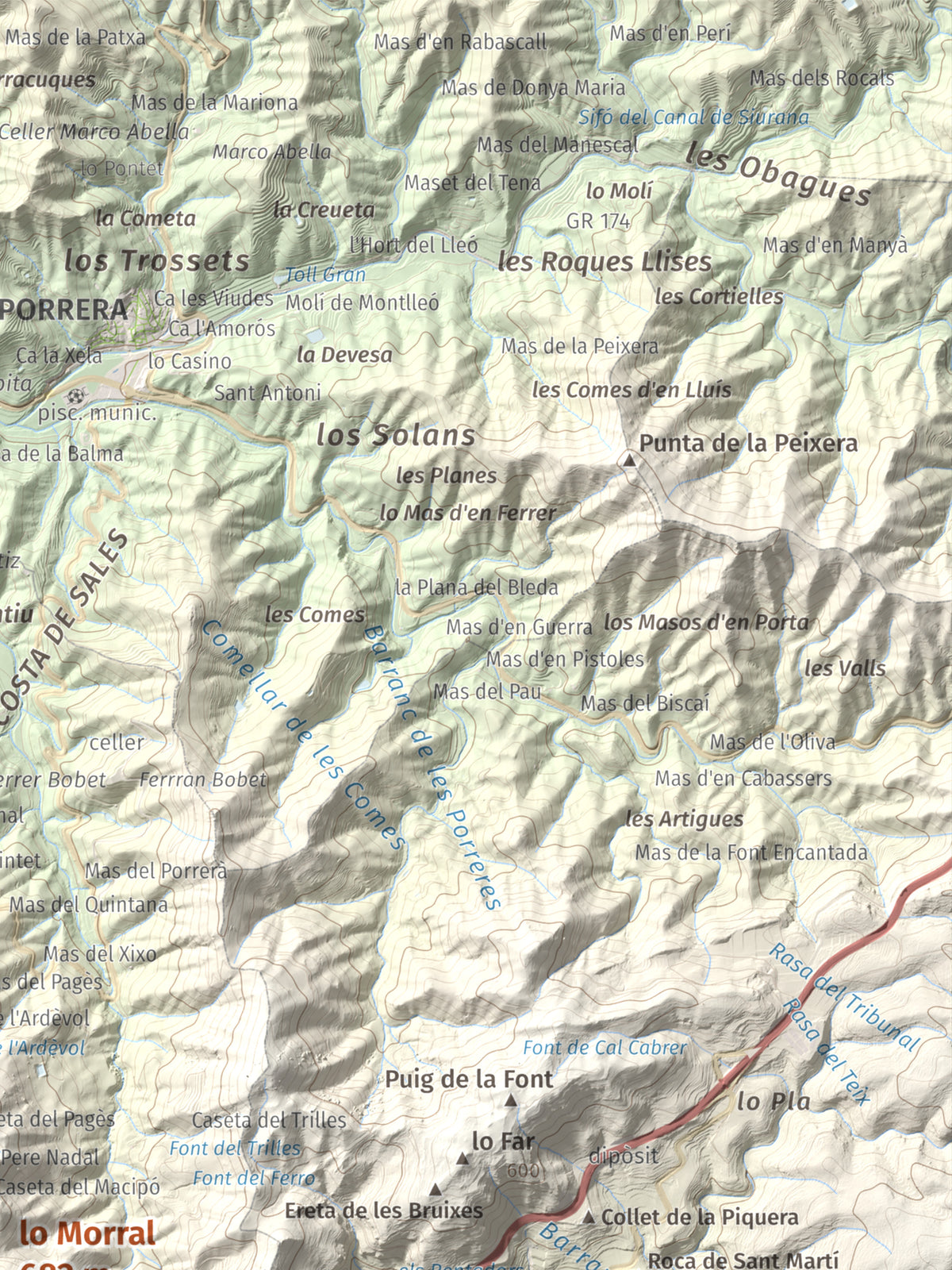 Mapa de relieve de lo Morral, 682 m, Priorat, lámina 100 Cims de Trobart. Detalle de la zona superior derecha. 30 × 40 cm.