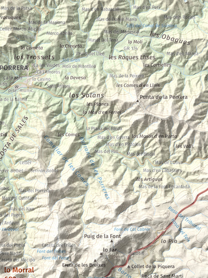 Mapa de relieve de lo Morral, 682 m, Priorat, lámina 100 Cims de Trobart. Detalle de la zona superior derecha. 30 × 40 cm.