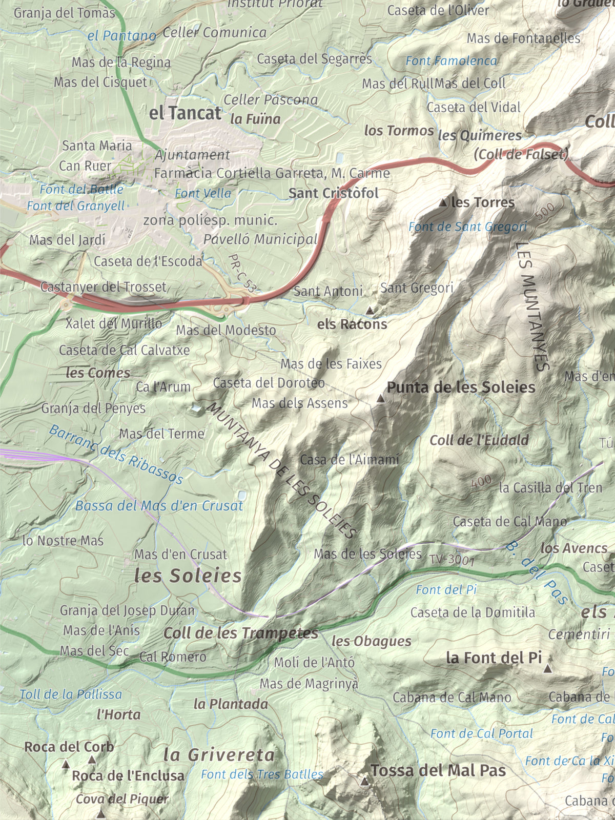Mapa de relieve de lo Morral, 682 m, Priorat, lámina 100 Cims de Trobart. Detalle de la zona inferior izquierda. 30 × 40 cm.