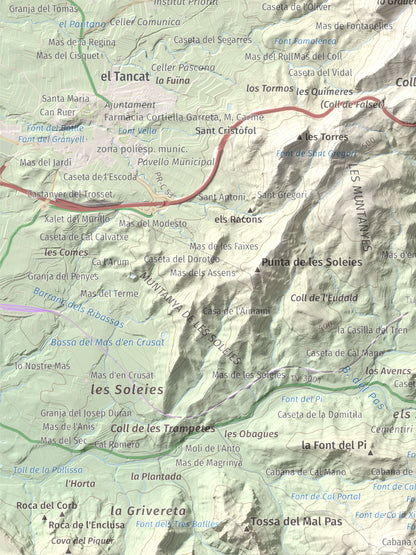 Mapa de relieve de lo Morral, 682 m, Priorat, lámina 100 Cims de Trobart. Detalle de la zona inferior izquierda. 30 × 40 cm.