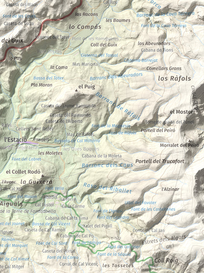 Mapa de relieve de lo Morral, 682 m, Priorat, lámina 100 Cims de Trobart. Detalle de la zona inferior derecha. 30 × 40 cm.