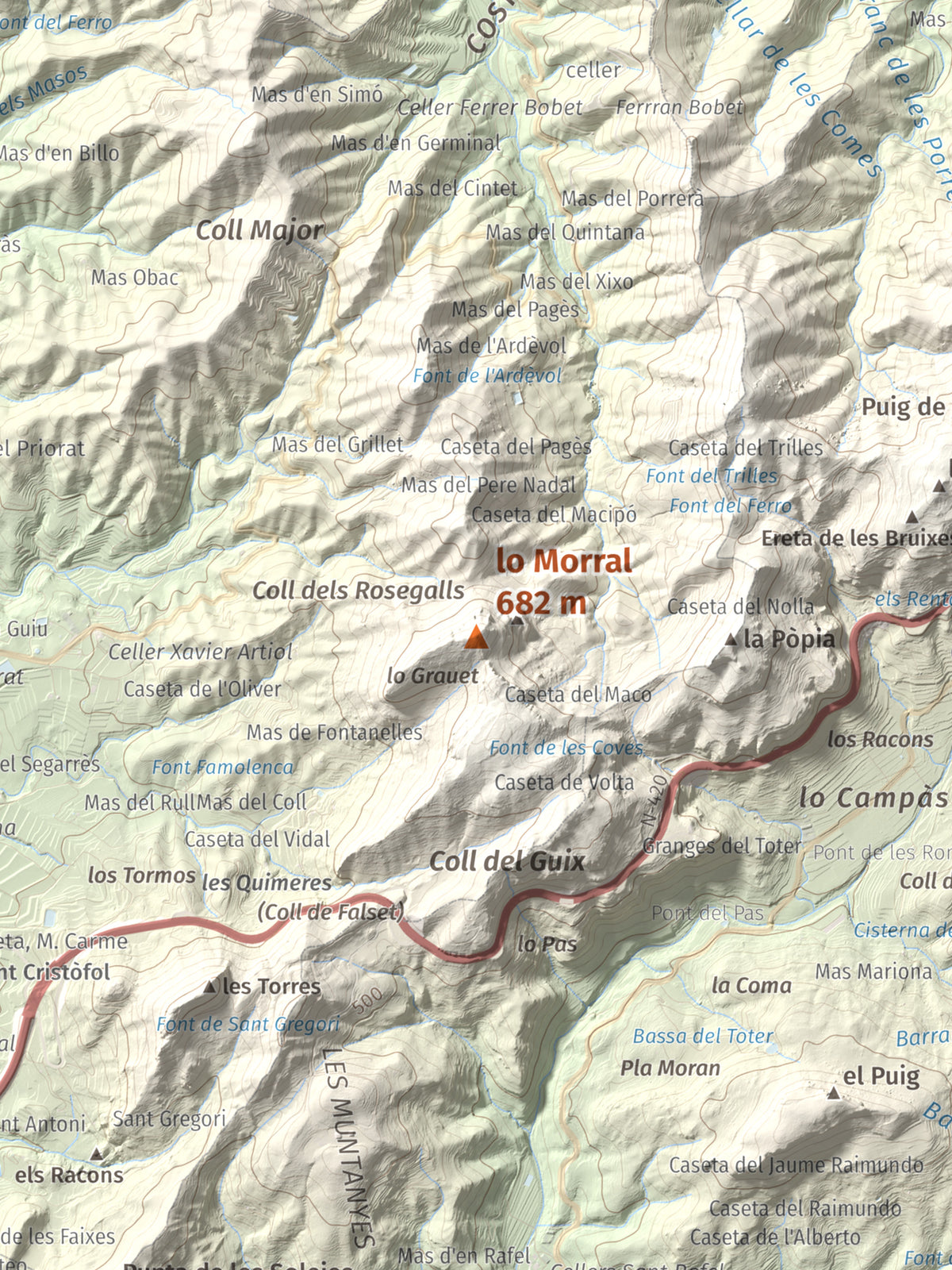 Mapa de relieve de lo Morral, 682 m, Priorat, lámina 100 Cims de Trobart. Detalle de la zona central. 30 × 40 cm.
