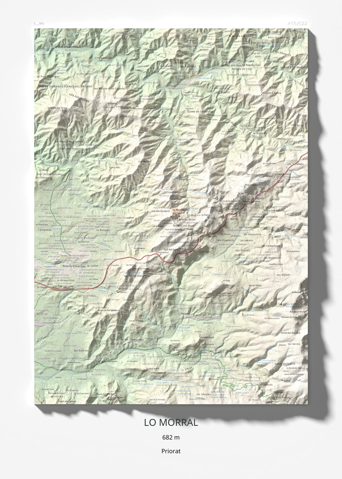 Mapa de relieve de lo Morral, 682 m, Priorat, lámina 100 Cims de Trobart 50 × 70 cm.