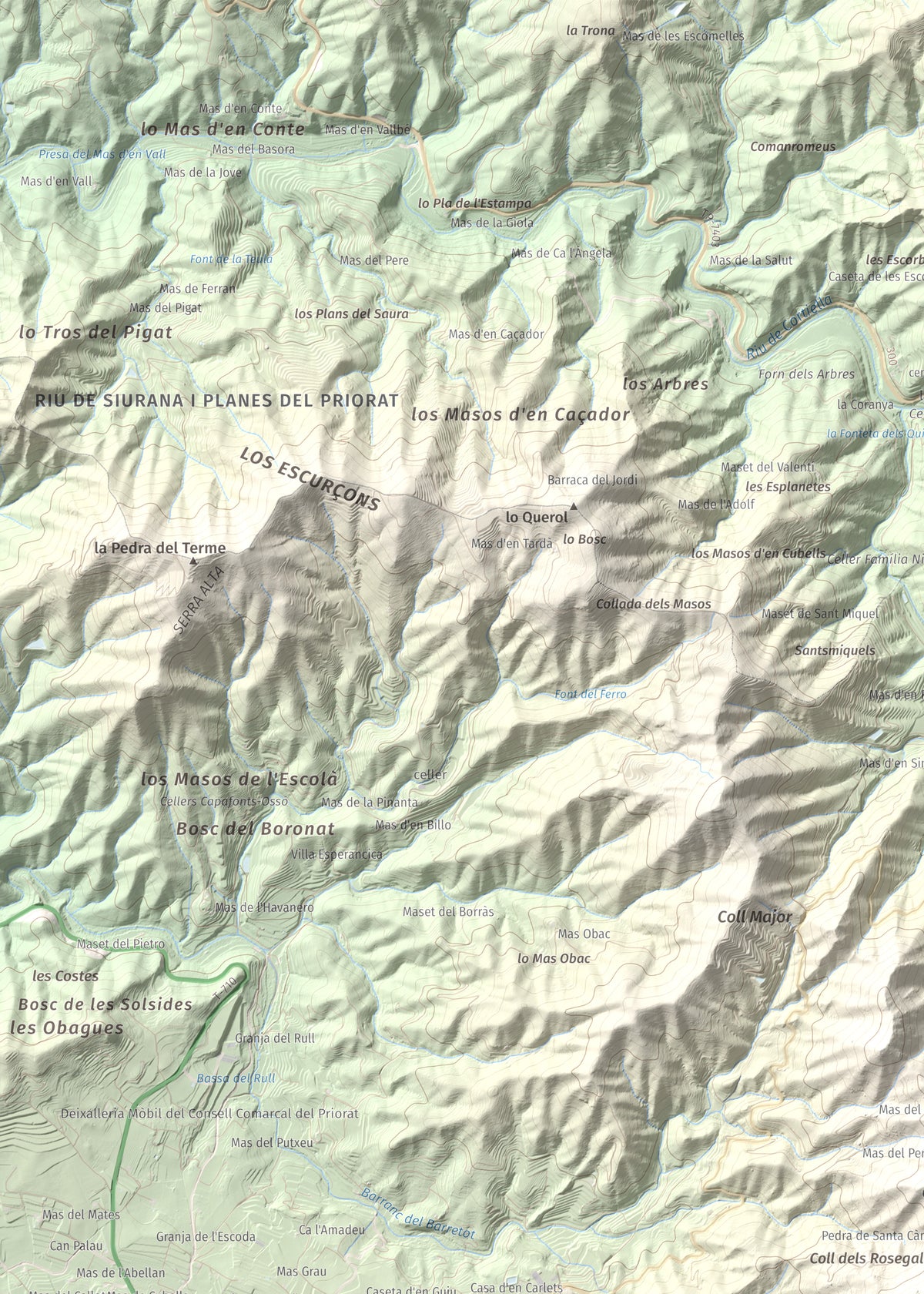 Mapa de relieve de lo Morral, 682 m, Priorat, lámina 100 Cims de Trobart. Detalle de la zona superior izquierda. 50 × 70 cm.