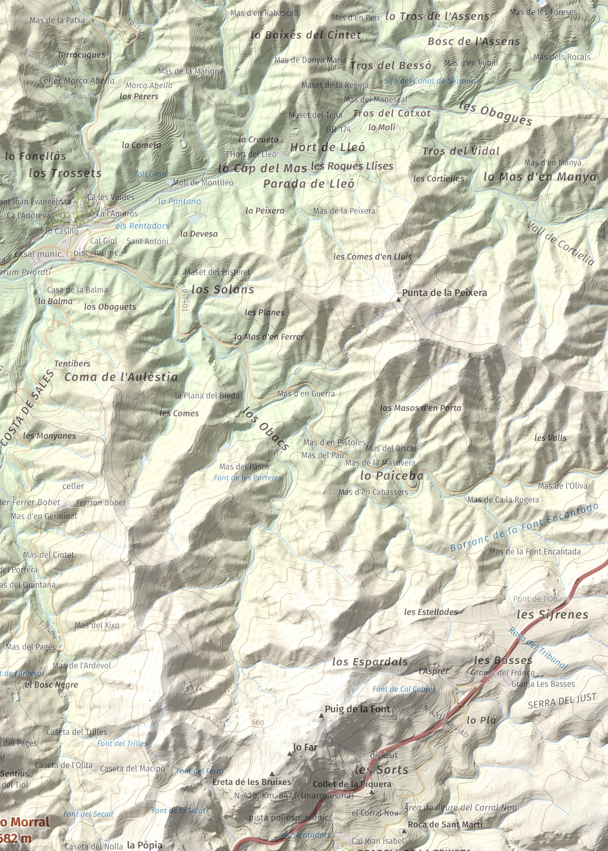 Mapa de relieve de lo Morral, 682 m, Priorat, lámina 100 Cims de Trobart. Detalle de la zona superior derecha. 50 × 70 cm.