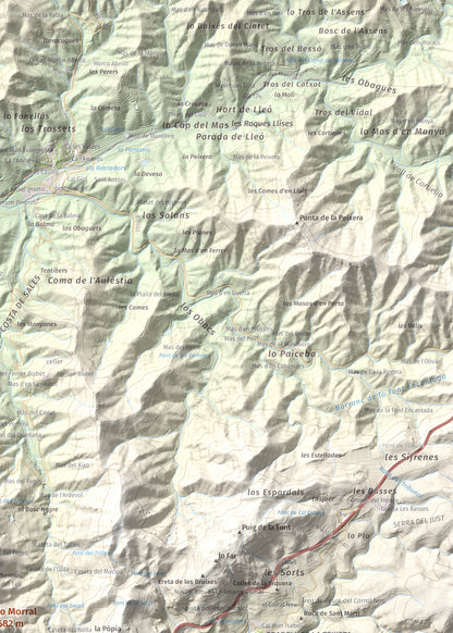 Mapa de relieve de lo Morral, 682 m, Priorat, lámina 100 Cims de Trobart. Detalle de la zona superior derecha. 50 × 70 cm.