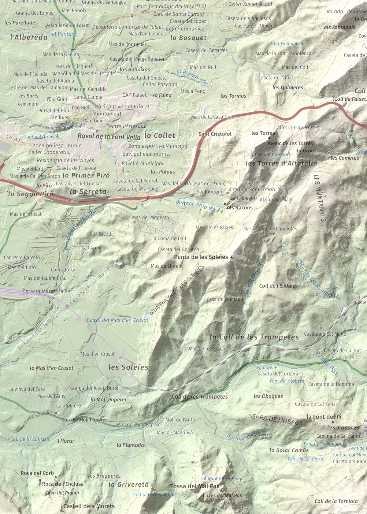 Mapa de relieve de lo Morral, 682 m, Priorat, lámina 100 Cims de Trobart. Detalle de la zona inferior izquierda. 50 × 70 cm.