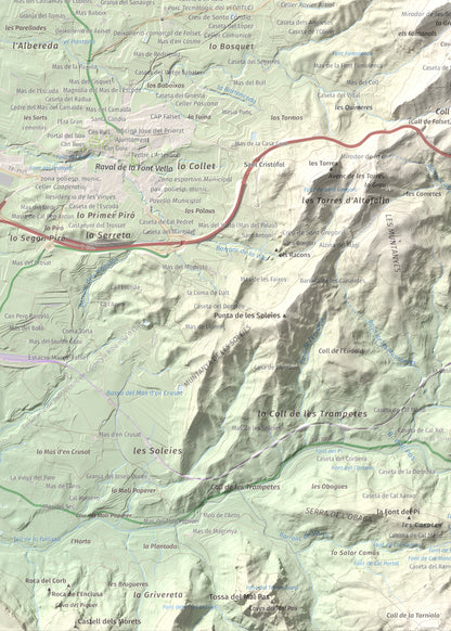 Mapa de relieve de lo Morral, 682 m, Priorat, lámina 100 Cims de Trobart. Detalle de la zona inferior izquierda. 50 × 70 cm.