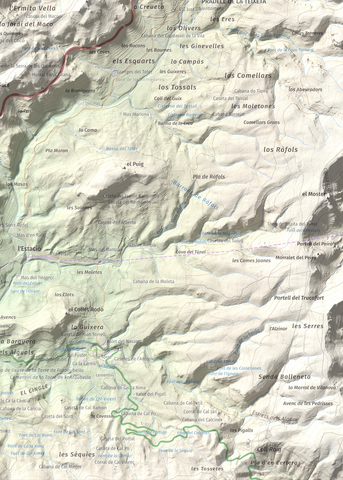 Mapa de relieve de lo Morral, 682 m, Priorat, lámina 100 Cims de Trobart. Detalle de la zona inferior derecha. 50 × 70 cm.