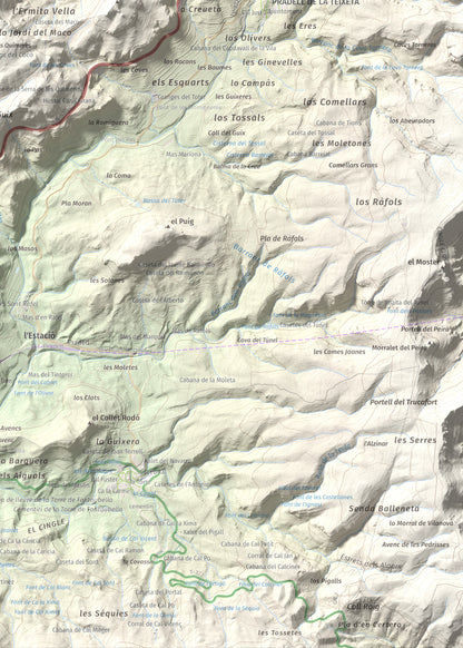 Mapa de relieve de lo Morral, 682 m, Priorat, lámina 100 Cims de Trobart. Detalle de la zona inferior derecha. 50 × 70 cm.