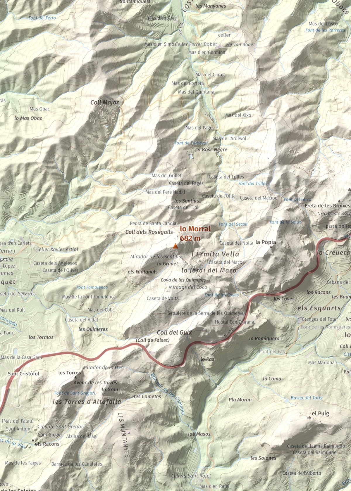 Mapa de relieve de lo Morral, 682 m, Priorat, lámina 100 Cims de Trobart. Detalle de la zona central. 50 × 70 cm.