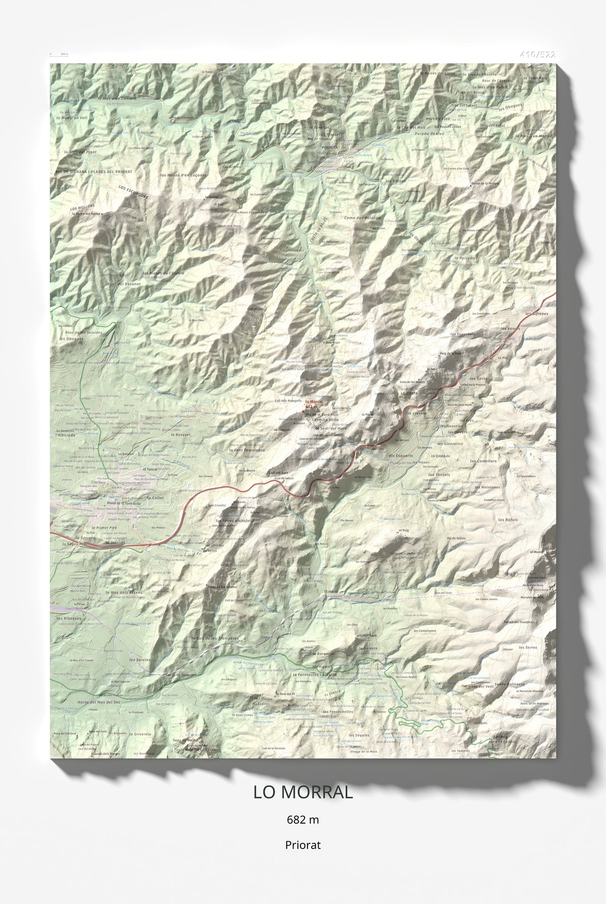 Mapa de relieve de lo Morral, 682 m, Priorat, lámina 100 Cims de Trobart 61 × 91 cm.