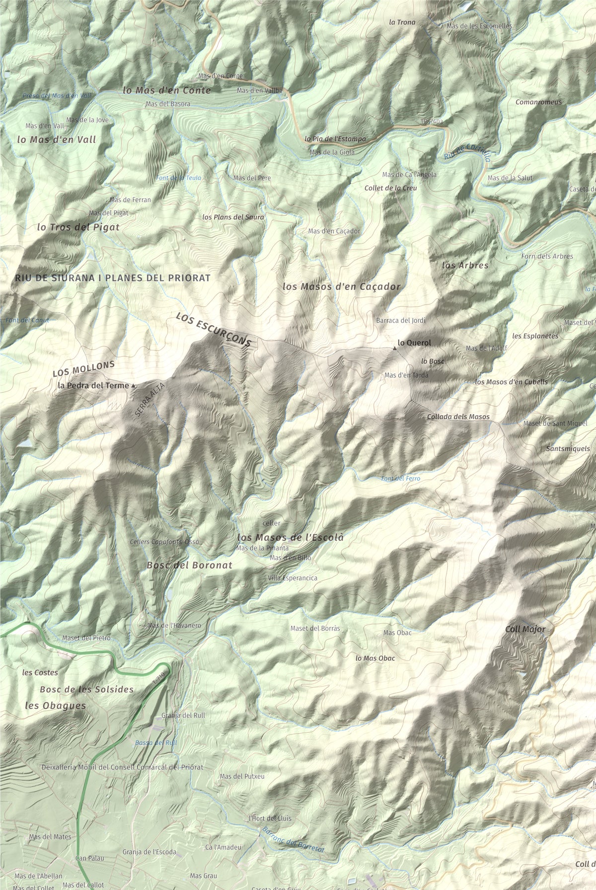 Mapa de relieve de lo Morral, 682 m, Priorat, lámina 100 Cims de Trobart. Detalle de la zona superior izquierda. 61 × 91 cm.