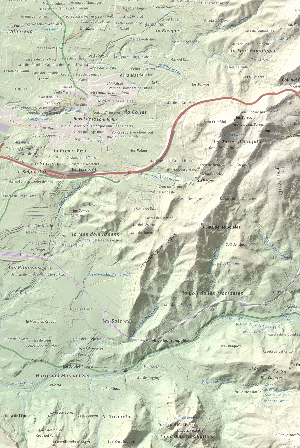 Mapa de relieve de lo Morral, 682 m, Priorat, lámina 100 Cims de Trobart. Detalle de la zona inferior izquierda. 61 × 91 cm.