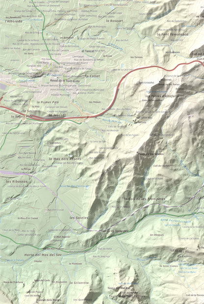 Mapa de relieve de lo Morral, 682 m, Priorat, lámina 100 Cims de Trobart. Detalle de la zona inferior izquierda. 61 × 91 cm.