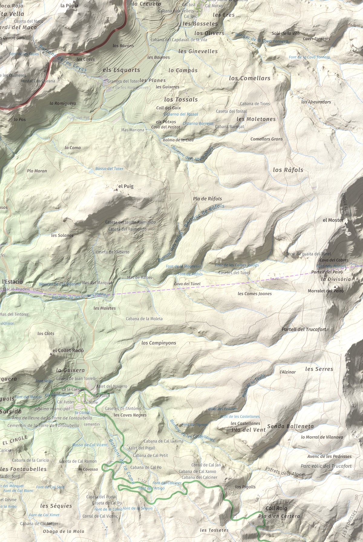 Mapa de relieve de lo Morral, 682 m, Priorat, lámina 100 Cims de Trobart. Detalle de la zona inferior derecha. 61 × 91 cm.
