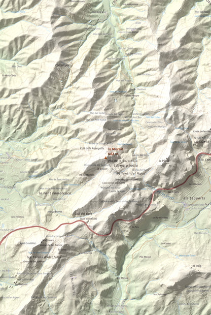 Mapa de relieve de lo Morral, 682 m, Priorat, lámina 100 Cims de Trobart. Detalle de la zona central. 61 × 91 cm.