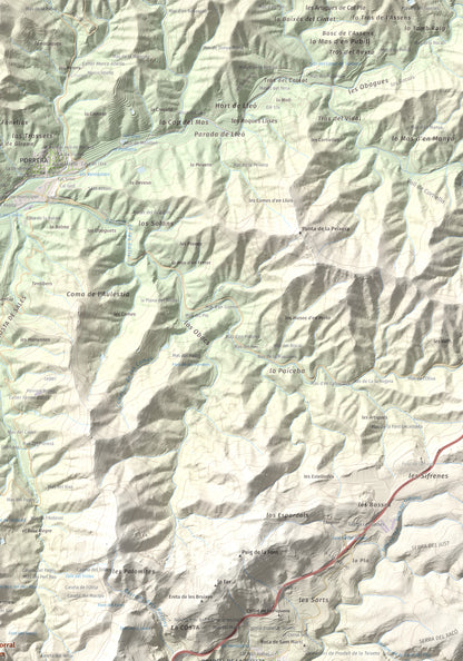 Mapa de relieve de lo Morral, 682 m, Priorat, lámina 100 Cims de Trobart. Detalle de la zona superior derecha. 70 × 100 cm.