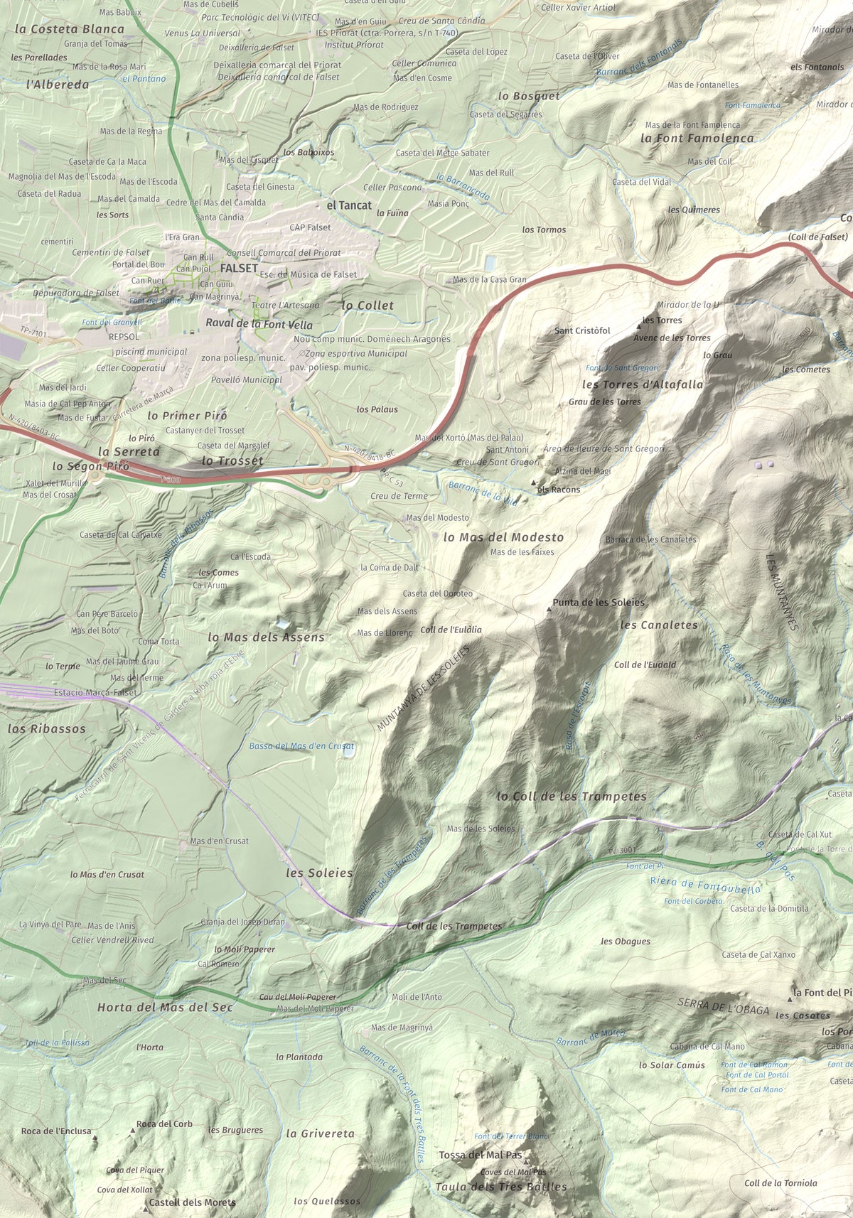 Mapa de relieve de lo Morral, 682 m, Priorat, lámina 100 Cims de Trobart. Detalle de la zona inferior izquierda. 70 × 100 cm.
