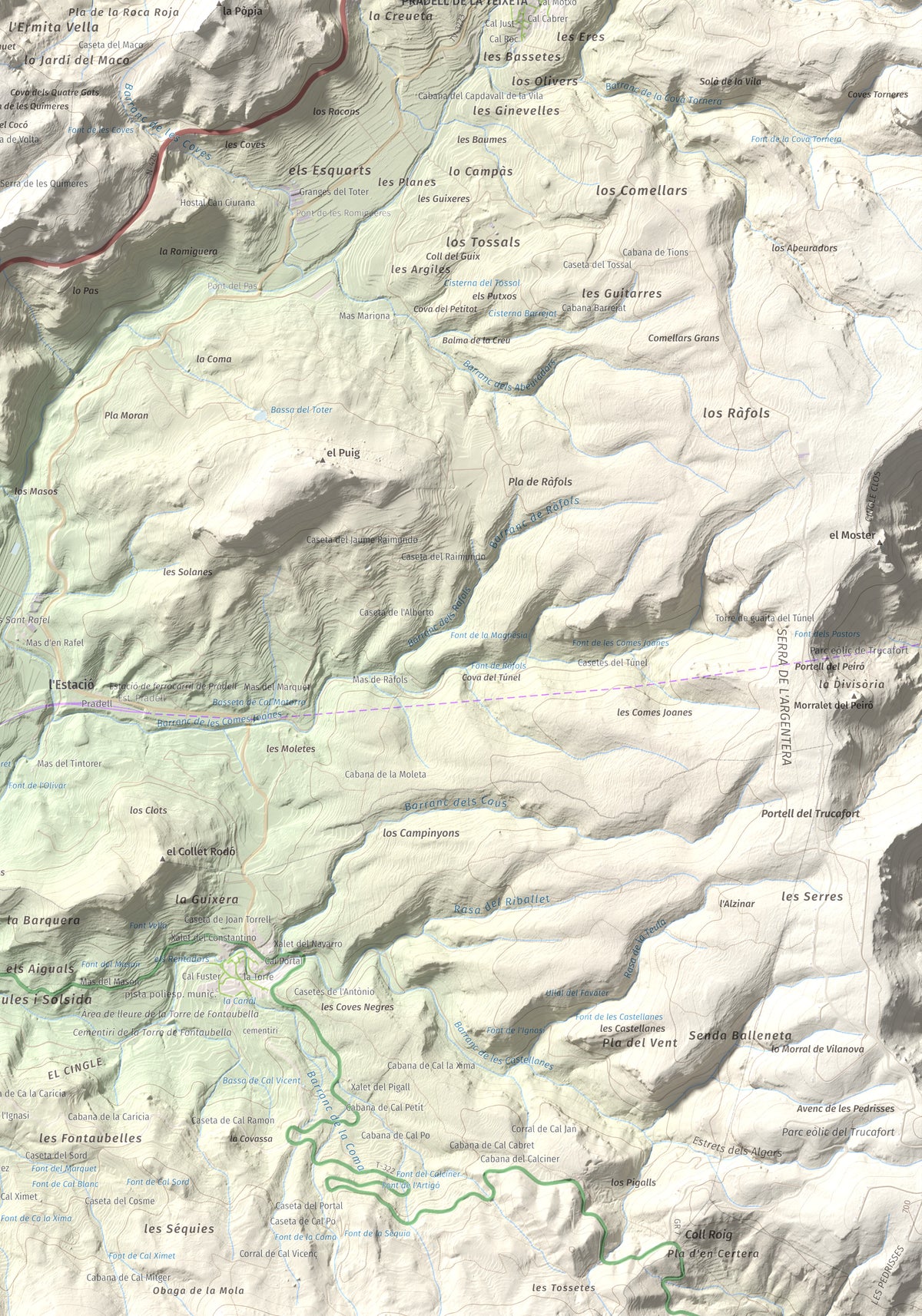 Mapa de relieve de lo Morral, 682 m, Priorat, lámina 100 Cims de Trobart. Detalle de la zona inferior derecha. 70 × 100 cm.