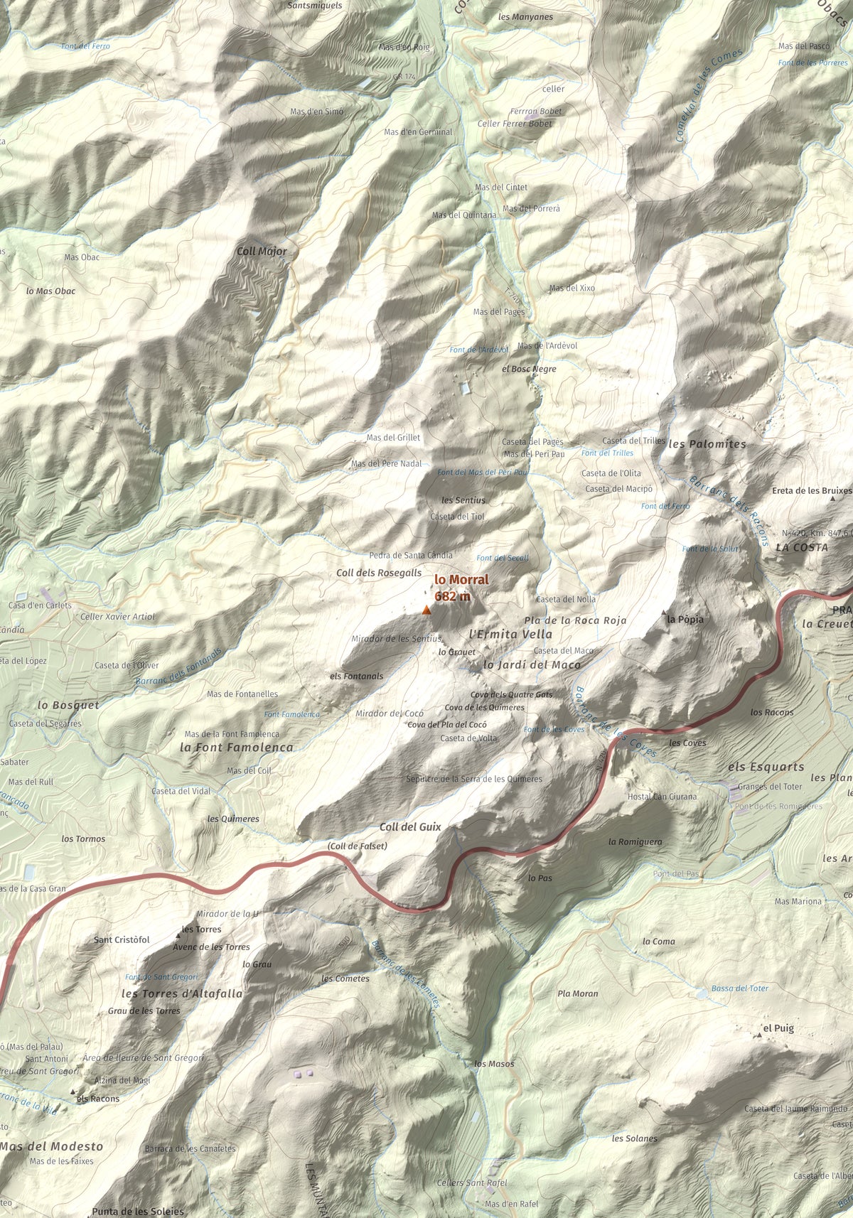 Mapa de relieve de lo Morral, 682 m, Priorat, lámina 100 Cims de Trobart. Detalle de la zona central. 70 × 100 cm.