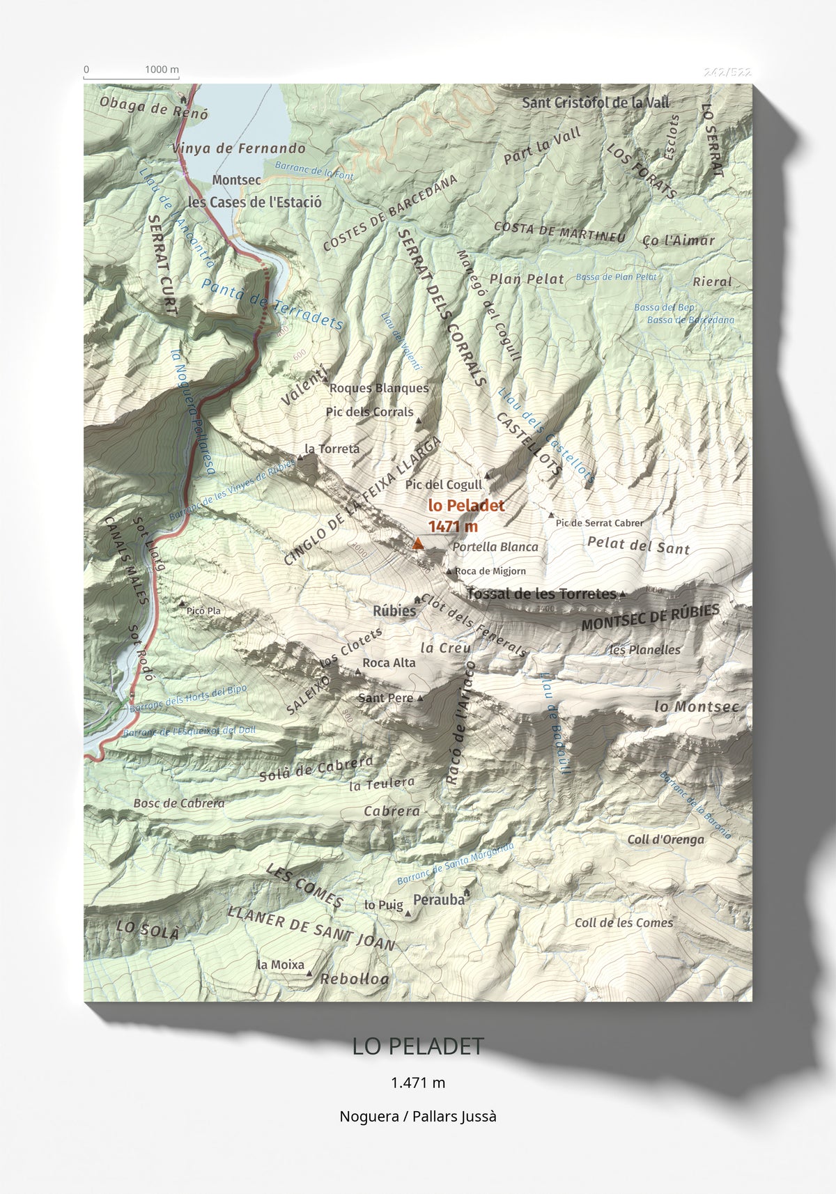 Mapa de relieve de lo Peladet, 1471 m, Noguera · Pallars Jussà, lámina 100 Cims de Trobart 21 × 30 cm.