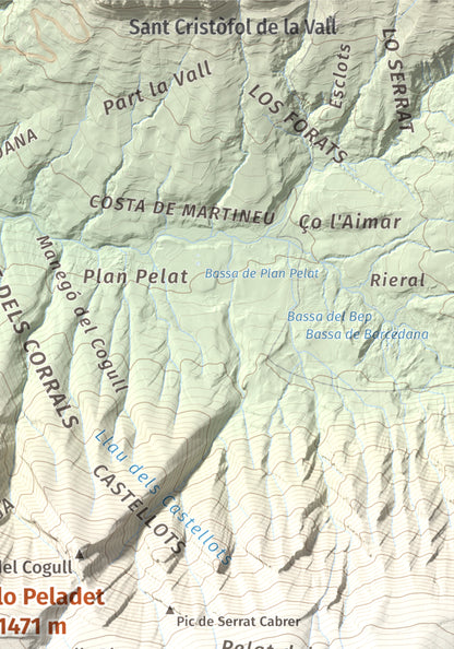 Mapa de relieve de lo Peladet, 1471 m, Noguera · Pallars Jussà, lámina 100 Cims de Trobart. Detalle de la zona superior derecha. 21 × 30 cm.