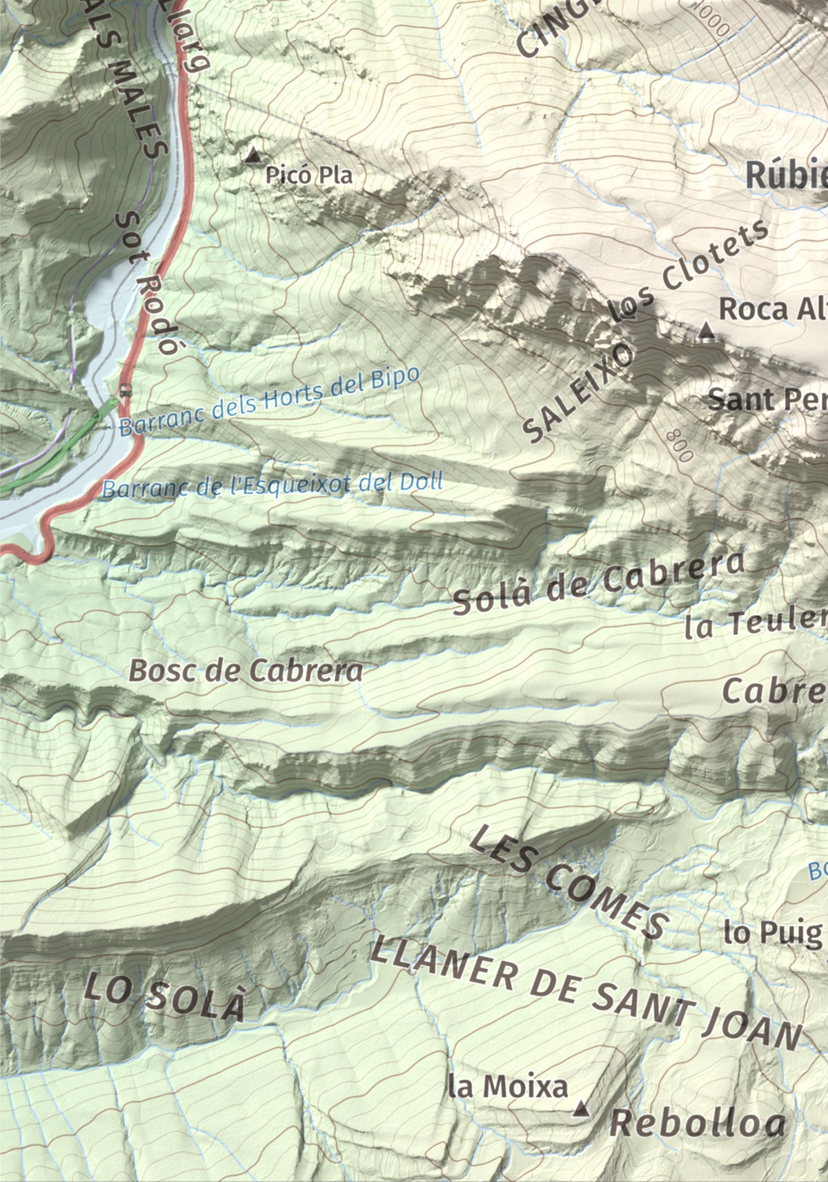 Mapa de relieve de lo Peladet, 1471 m, Noguera · Pallars Jussà, lámina 100 Cims de Trobart. Detalle de la zona inferior izquierda. 21 × 30 cm.