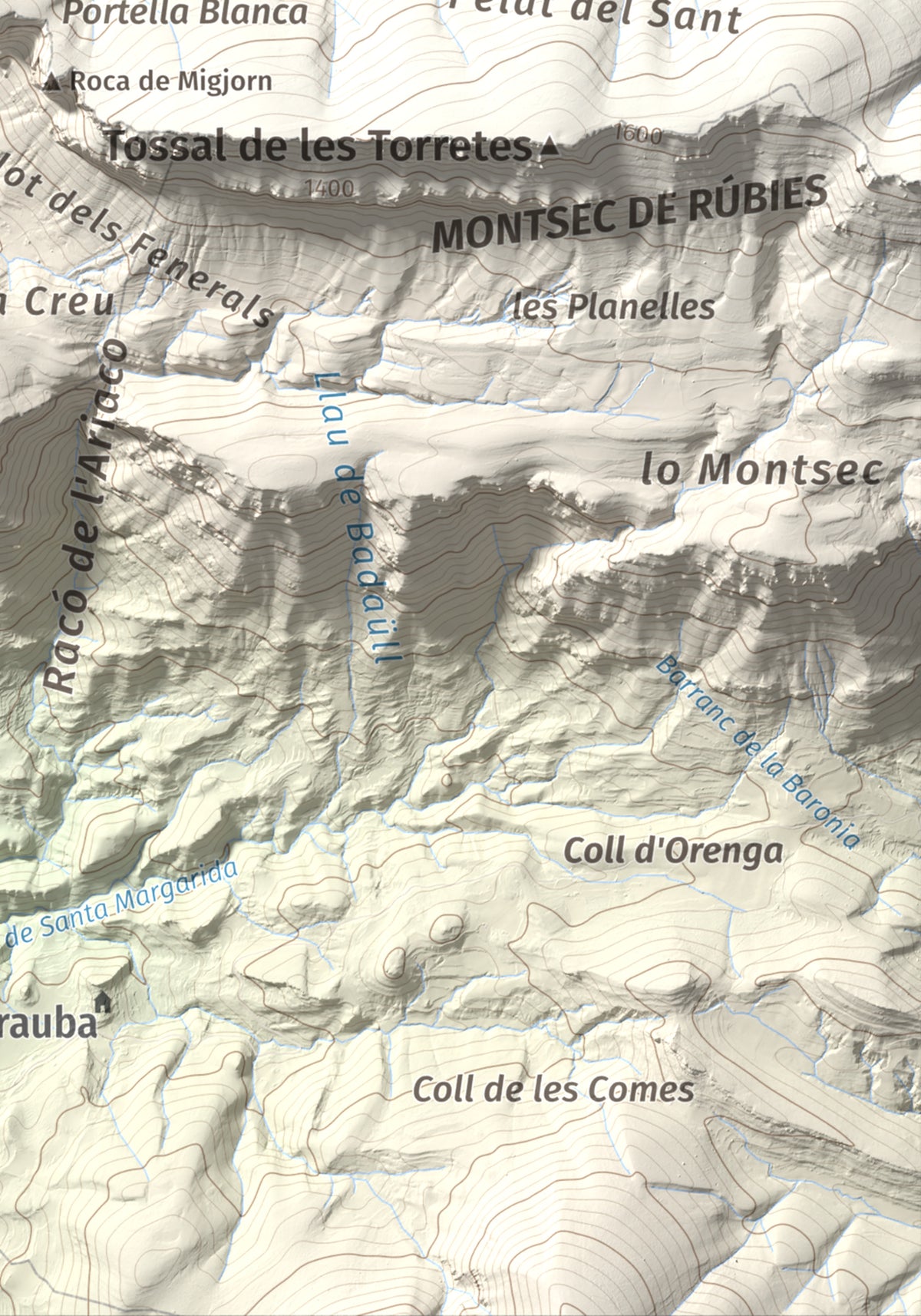 Mapa de relieve de lo Peladet, 1471 m, Noguera · Pallars Jussà, lámina 100 Cims de Trobart. Detalle de la zona inferior derecha. 21 × 30 cm.