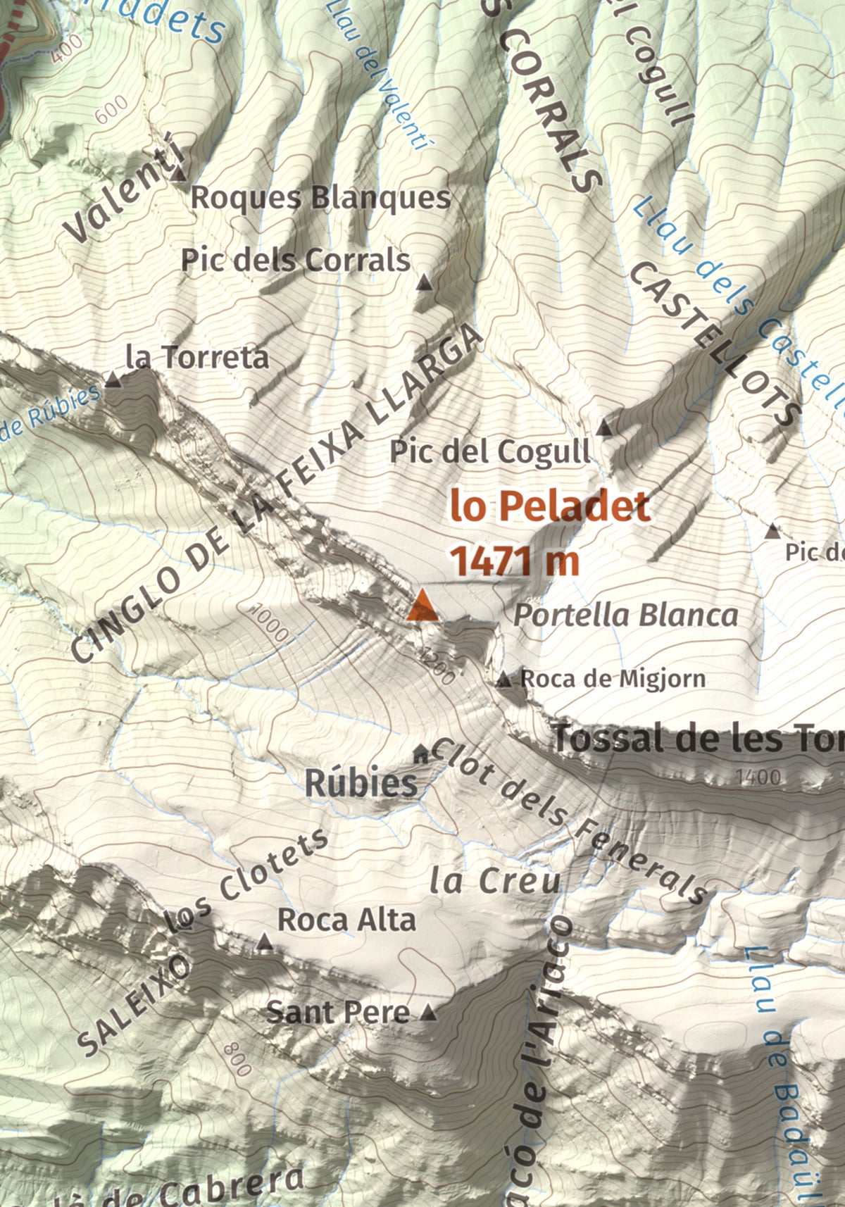 Mapa de relieve de lo Peladet, 1471 m, Noguera · Pallars Jussà, lámina 100 Cims de Trobart. Detalle de la zona central. 21 × 30 cm.