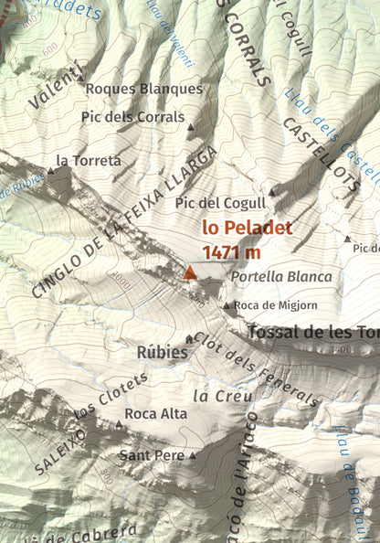 Mapa de relieve de lo Peladet, 1471 m, Noguera · Pallars Jussà, lámina 100 Cims de Trobart. Detalle de la zona central. 21 × 30 cm.