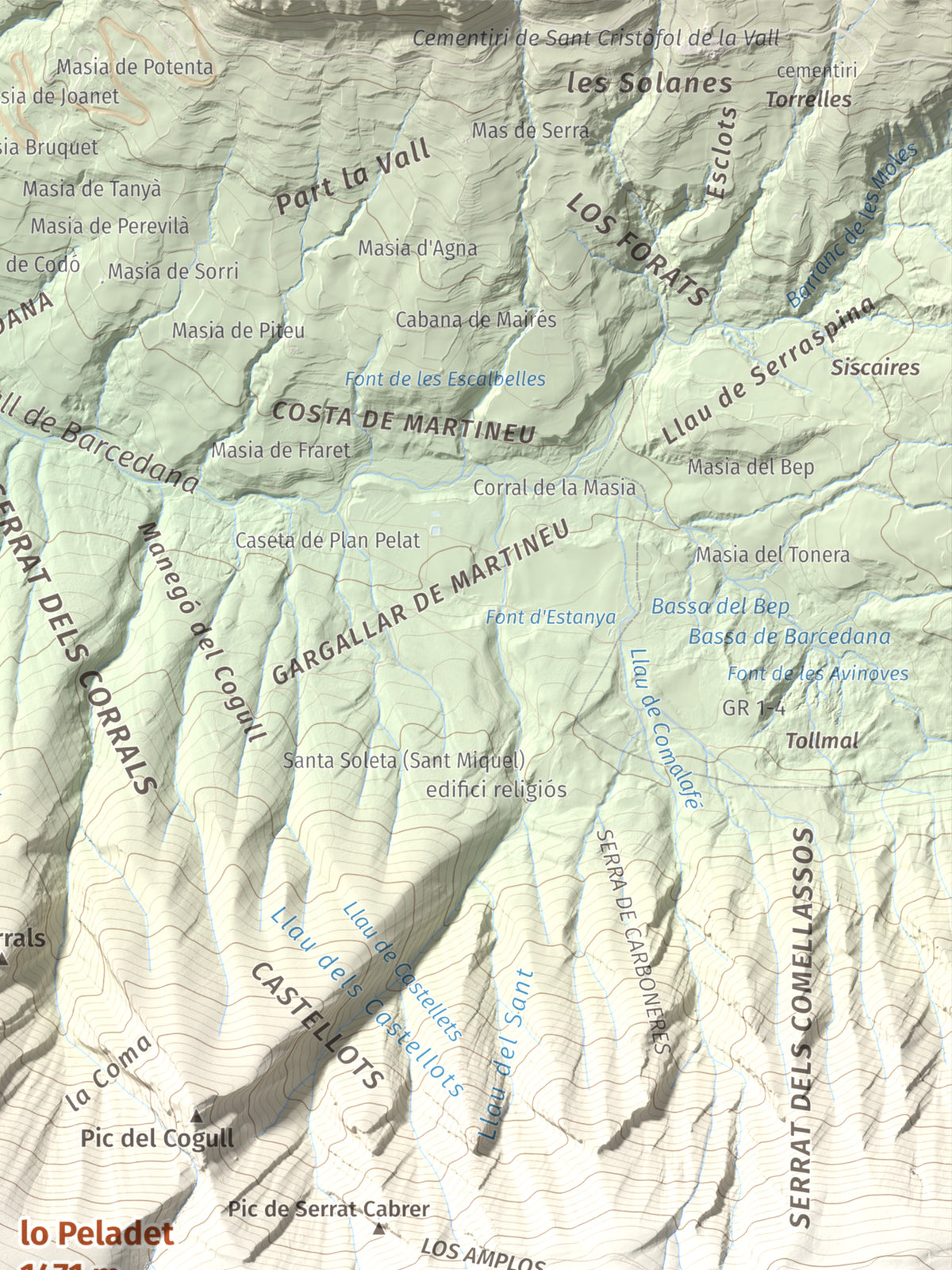 Mapa de relieve de lo Peladet, 1471 m, Noguera · Pallars Jussà, lámina 100 Cims de Trobart. Detalle de la zona superior derecha. 30 × 40 cm.