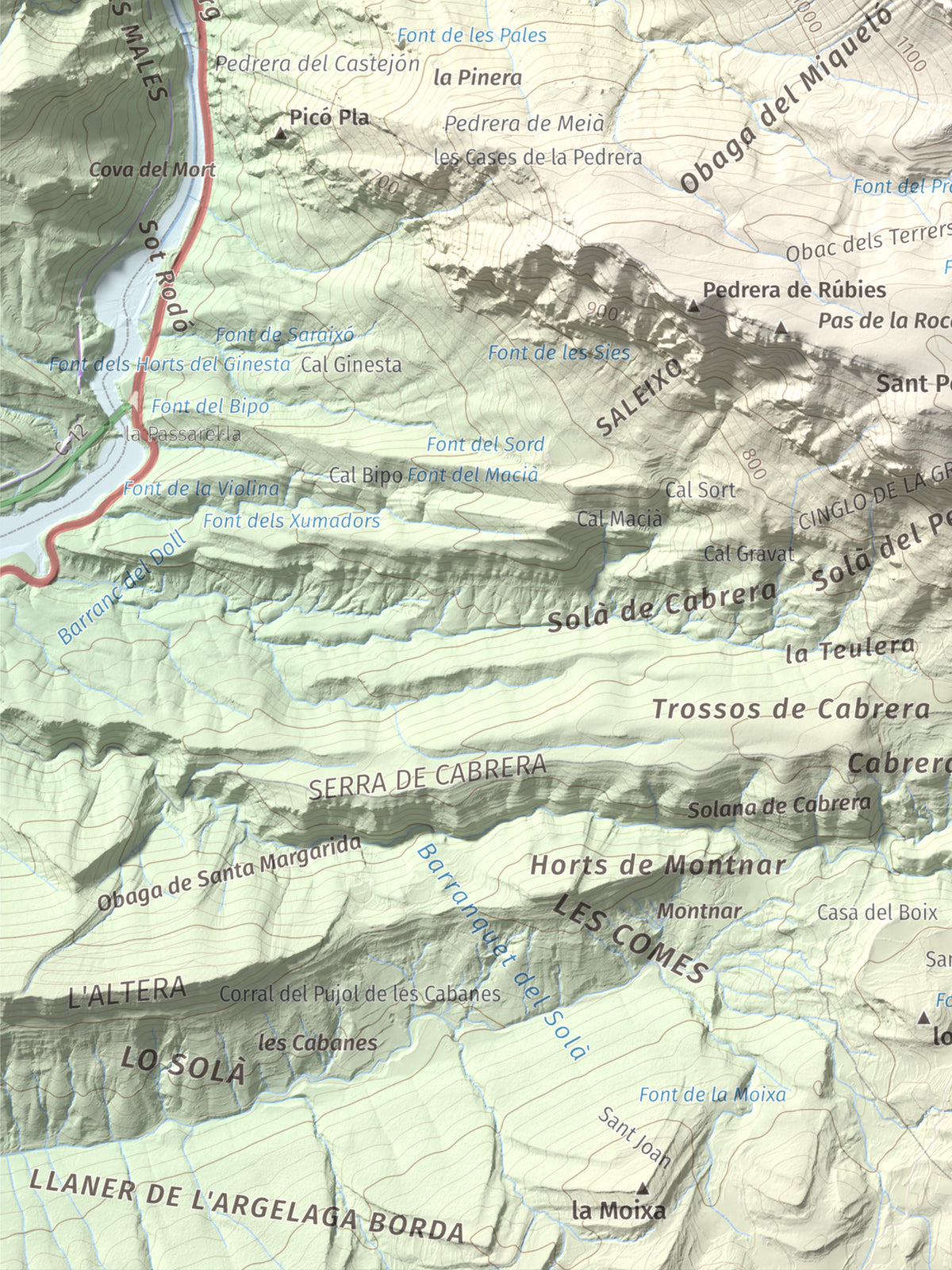 Mapa de relieve de lo Peladet, 1471 m, Noguera · Pallars Jussà, lámina 100 Cims de Trobart. Detalle de la zona inferior izquierda. 30 × 40 cm.