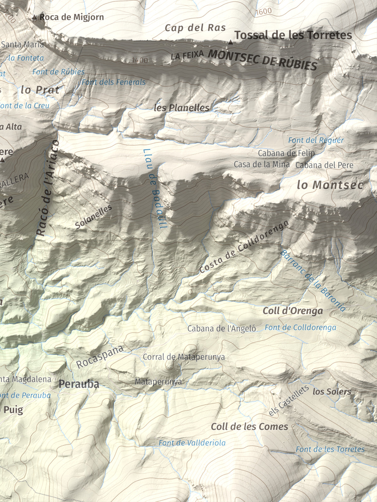 Mapa de relieve de lo Peladet, 1471 m, Noguera · Pallars Jussà, lámina 100 Cims de Trobart. Detalle de la zona inferior derecha. 30 × 40 cm.
