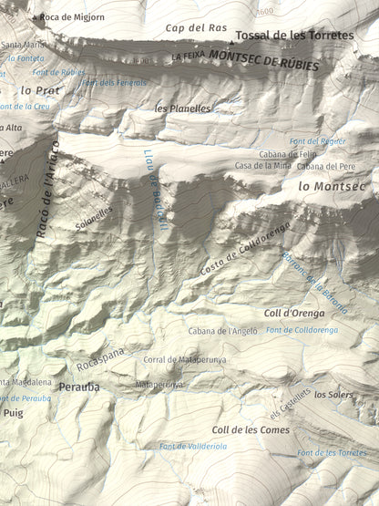 Mapa de relieve de lo Peladet, 1471 m, Noguera · Pallars Jussà, lámina 100 Cims de Trobart. Detalle de la zona inferior derecha. 30 × 40 cm.