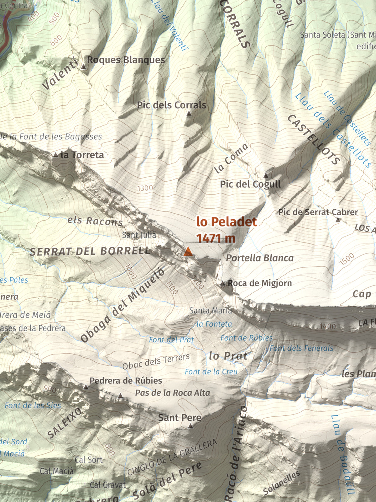 Mapa de relieve de lo Peladet, 1471 m, Noguera · Pallars Jussà, lámina 100 Cims de Trobart. Detalle de la zona central. 30 × 40 cm.