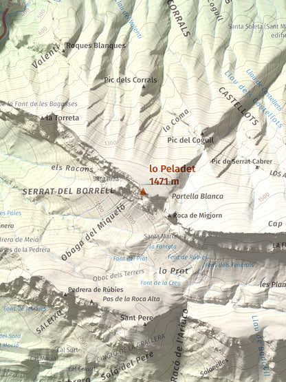 Mapa de relieve de lo Peladet, 1471 m, Noguera · Pallars Jussà, lámina 100 Cims de Trobart. Detalle de la zona central. 30 × 40 cm.