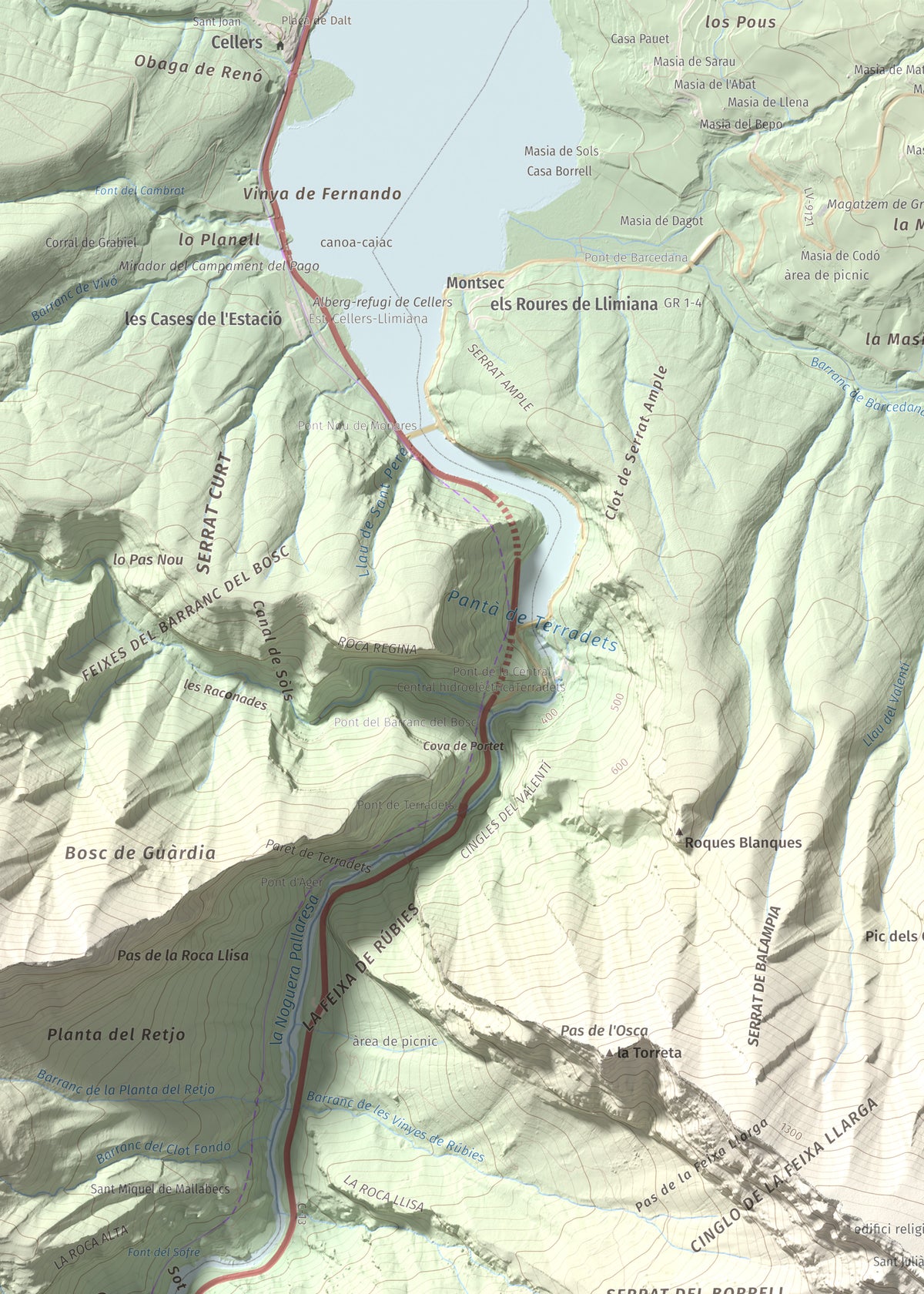 Mapa de relieve de lo Peladet, 1471 m, Noguera · Pallars Jussà, lámina 100 Cims de Trobart. Detalle de la zona superior izquierda. 50 × 70 cm.