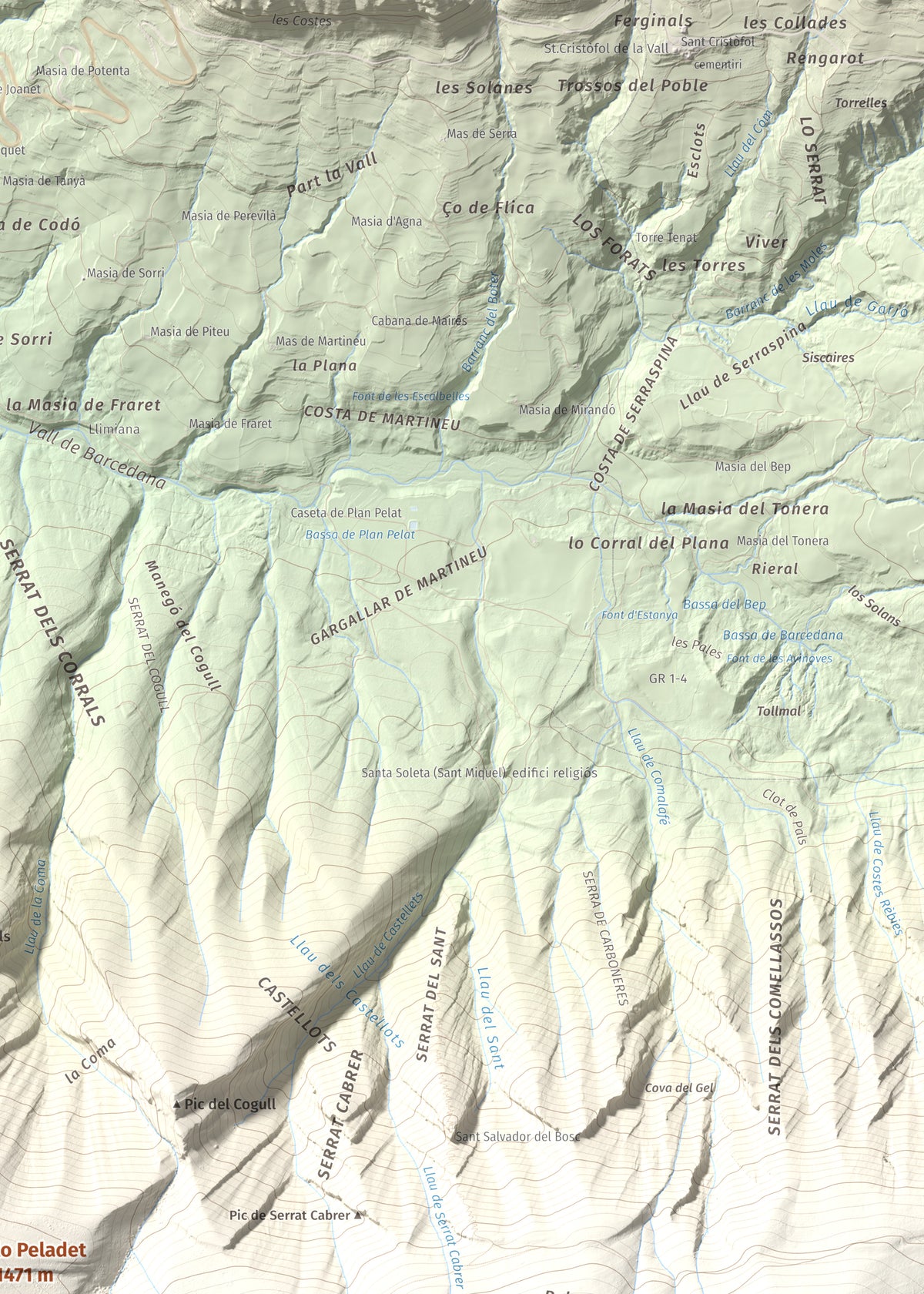 Mapa de relieve de lo Peladet, 1471 m, Noguera · Pallars Jussà, lámina 100 Cims de Trobart. Detalle de la zona superior derecha. 50 × 70 cm.