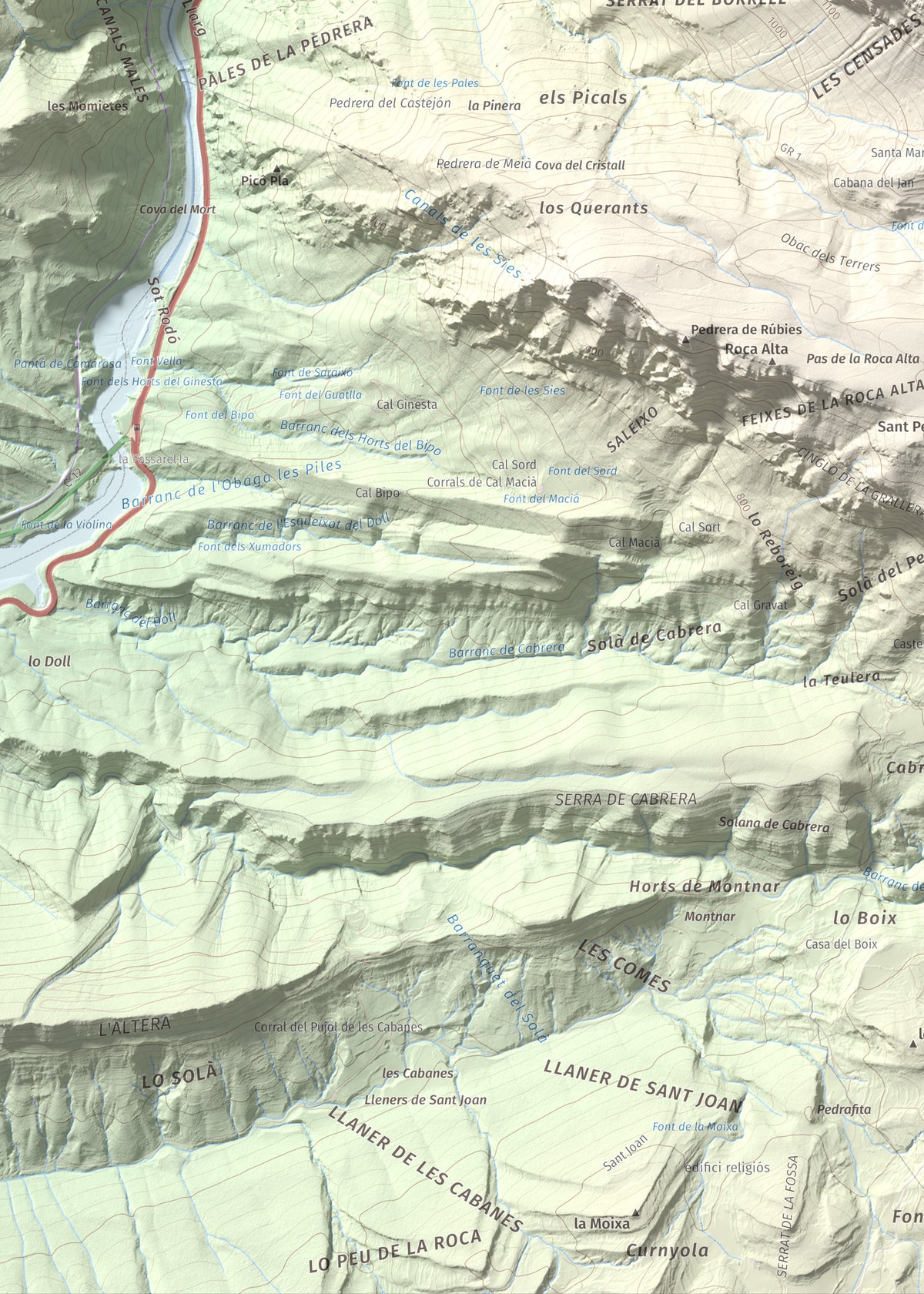 Mapa de relieve de lo Peladet, 1471 m, Noguera · Pallars Jussà, lámina 100 Cims de Trobart. Detalle de la zona inferior izquierda. 50 × 70 cm.