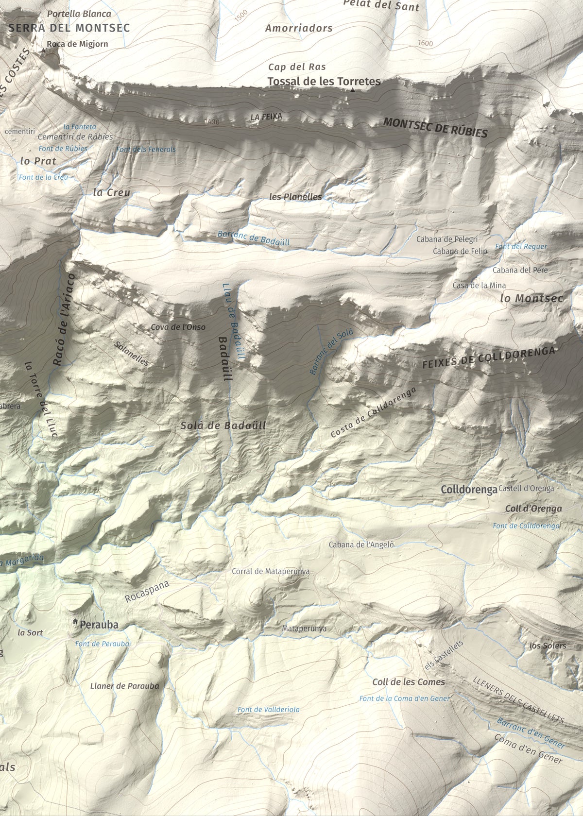 Mapa de relieve de lo Peladet, 1471 m, Noguera · Pallars Jussà, lámina 100 Cims de Trobart. Detalle de la zona inferior derecha. 50 × 70 cm.