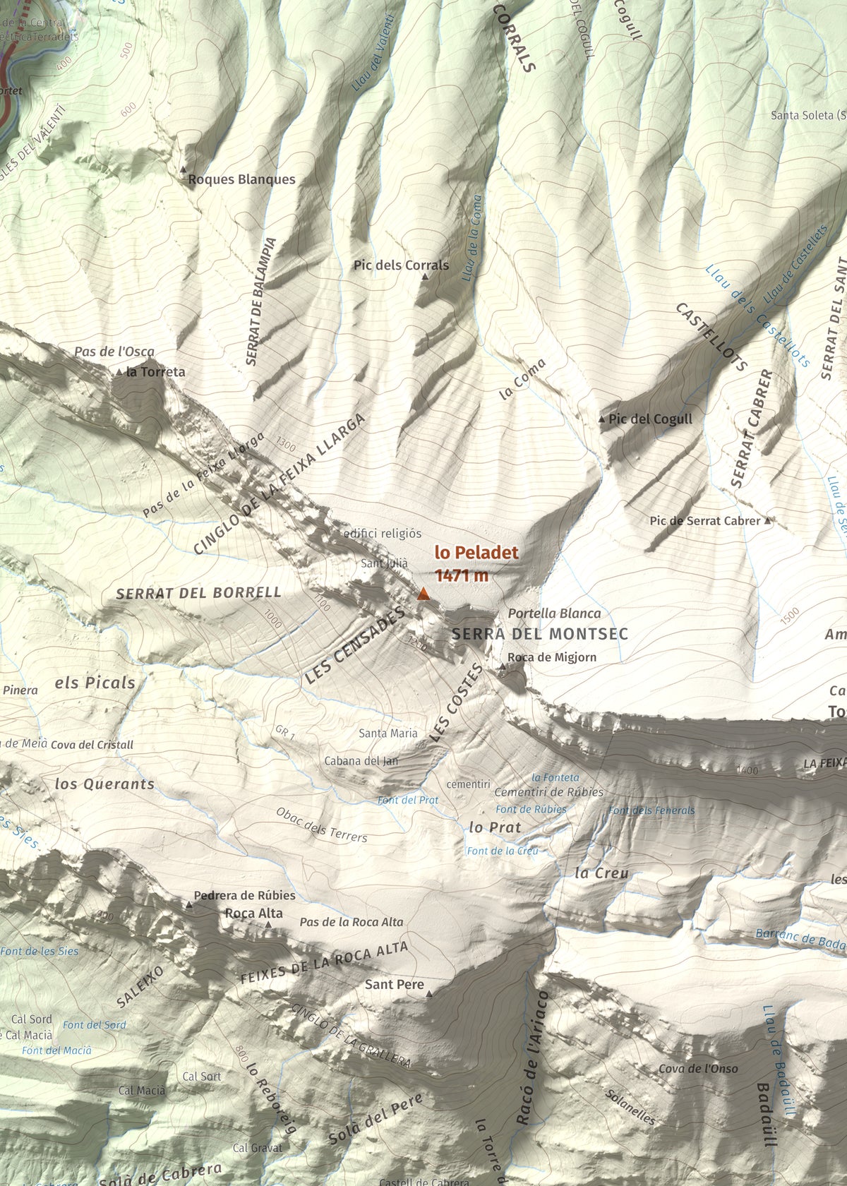 Mapa de relieve de lo Peladet, 1471 m, Noguera · Pallars Jussà, lámina 100 Cims de Trobart. Detalle de la zona central. 50 × 70 cm.