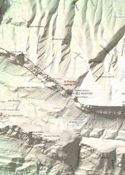 Mapa de relieve de lo Peladet, 1471 m, Noguera · Pallars Jussà, lámina 100 Cims de Trobart. Detalle de la zona central. 50 × 70 cm.
