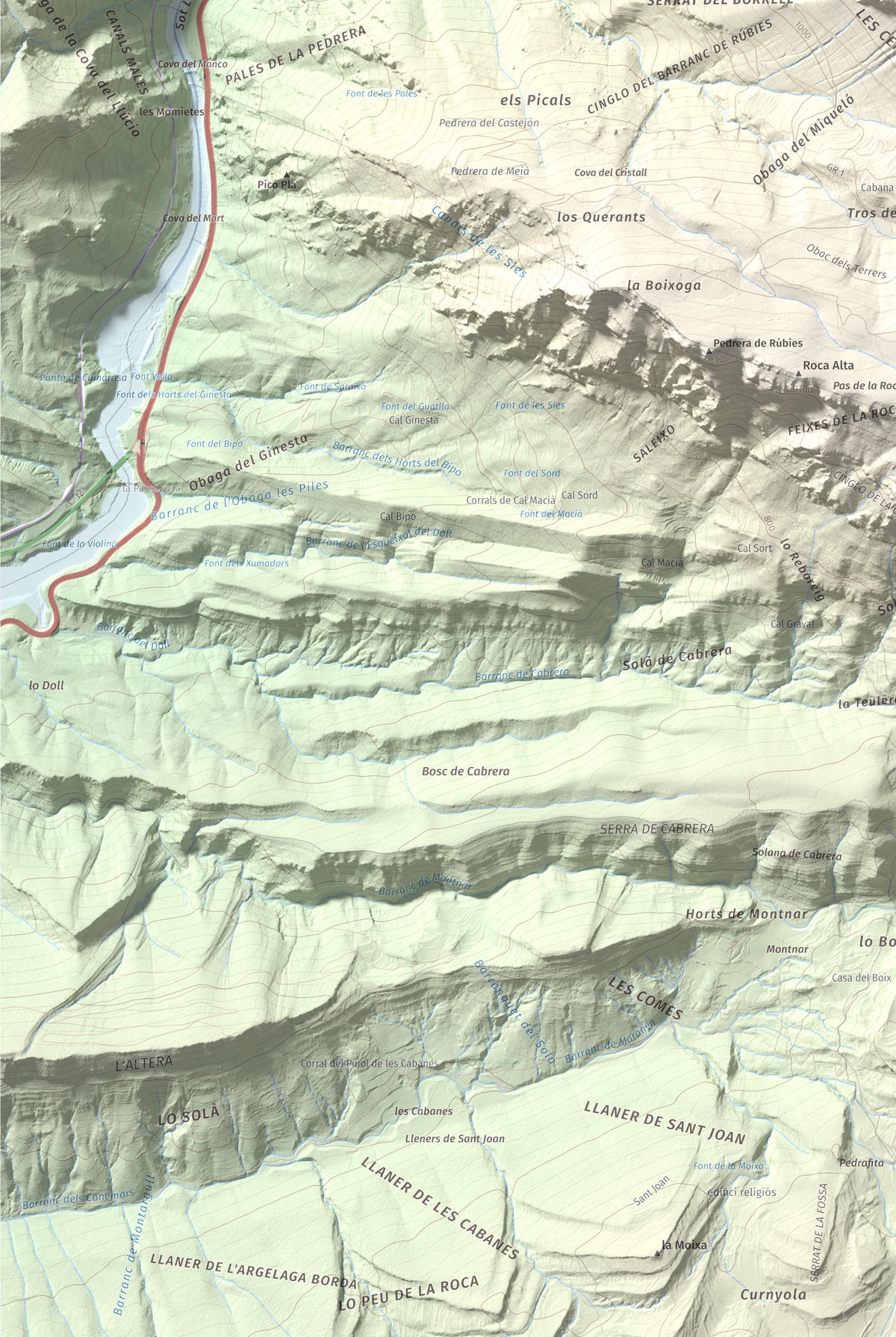 Mapa de relieve de lo Peladet, 1471 m, Noguera · Pallars Jussà, lámina 100 Cims de Trobart. Detalle de la zona inferior izquierda. 61 × 91 cm.