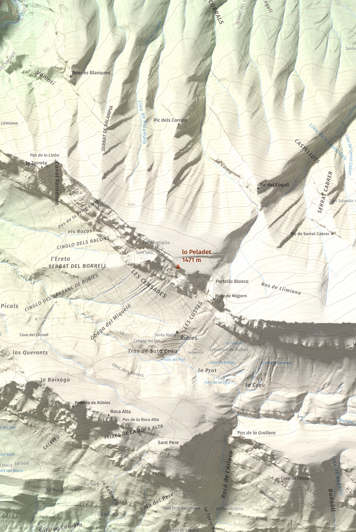 Mapa de relieve de lo Peladet, 1471 m, Noguera · Pallars Jussà, lámina 100 Cims de Trobart. Detalle de la zona central. 61 × 91 cm.