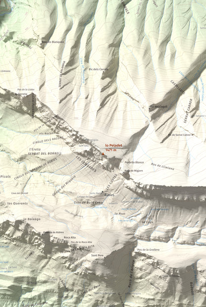 Mapa de relieve de lo Peladet, 1471 m, Noguera · Pallars Jussà, lámina 100 Cims de Trobart. Detalle de la zona central. 61 × 91 cm.
