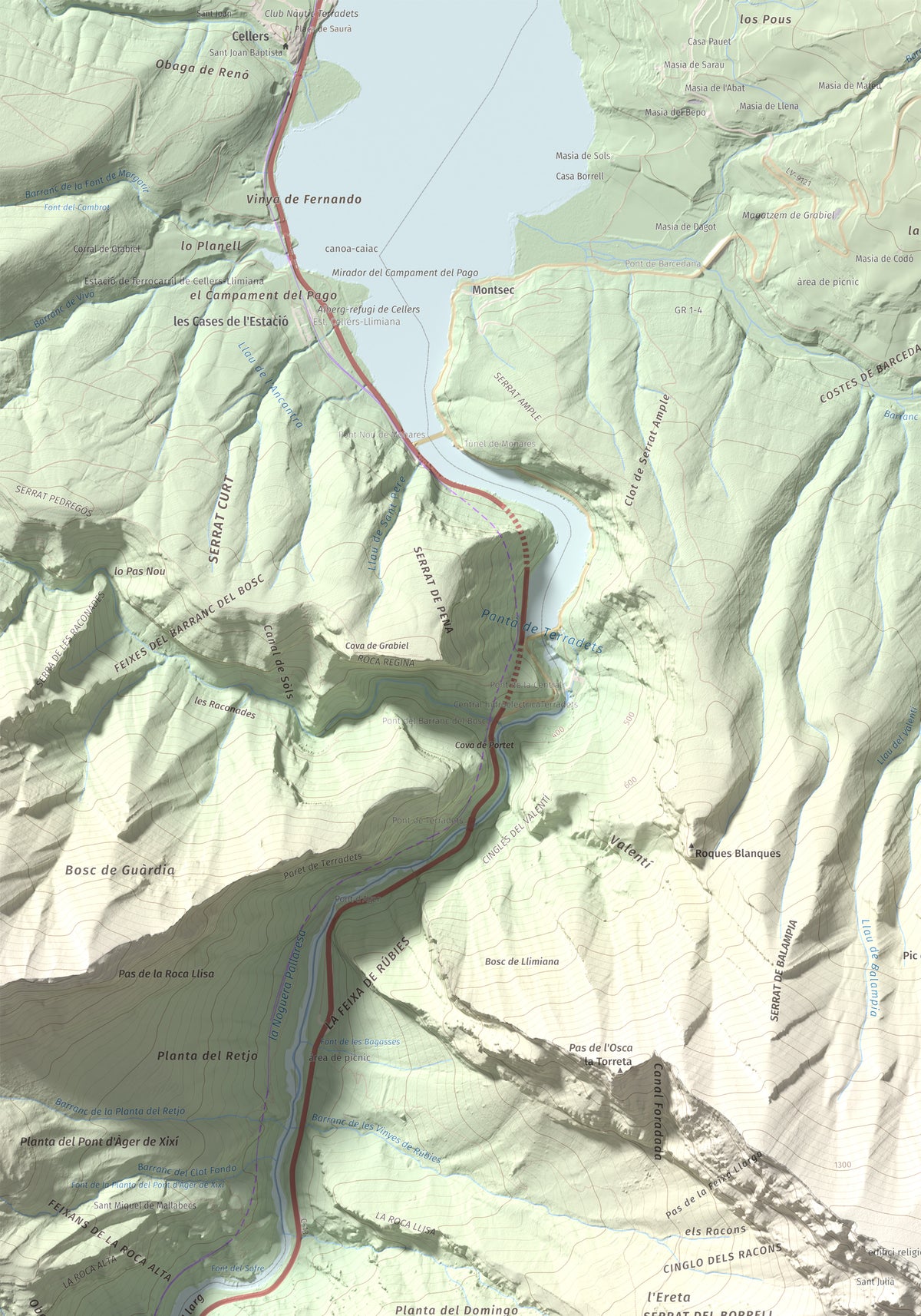 Mapa de relieve de lo Peladet, 1471 m, Noguera · Pallars Jussà, lámina 100 Cims de Trobart. Detalle de la zona superior izquierda. 70 × 100 cm.