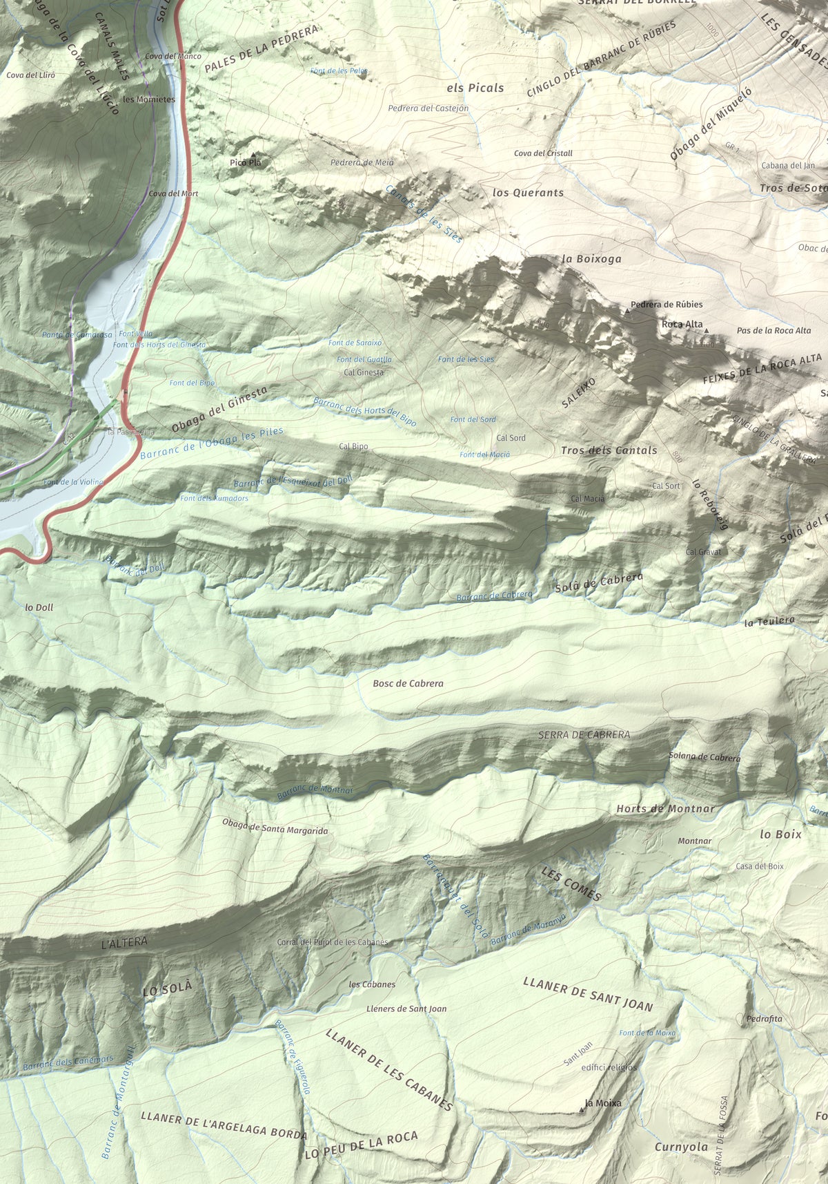 Mapa de relieve de lo Peladet, 1471 m, Noguera · Pallars Jussà, lámina 100 Cims de Trobart. Detalle de la zona inferior izquierda. 70 × 100 cm.