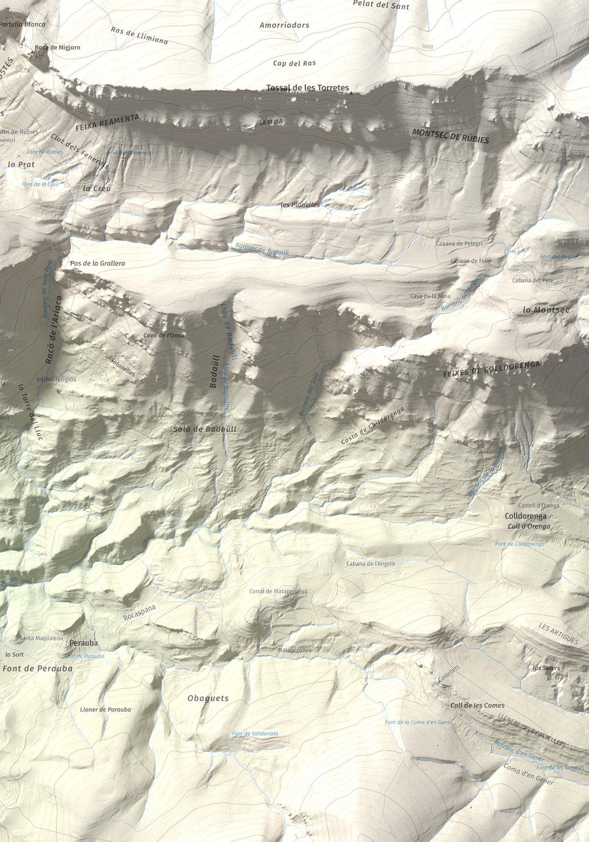 Mapa de relieve de lo Peladet, 1471 m, Noguera · Pallars Jussà, lámina 100 Cims de Trobart. Detalle de la zona inferior derecha. 70 × 100 cm.