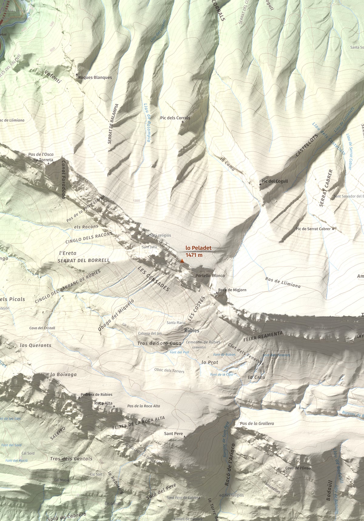 Mapa de relieve de lo Peladet, 1471 m, Noguera · Pallars Jussà, lámina 100 Cims de Trobart. Detalle de la zona central. 70 × 100 cm.